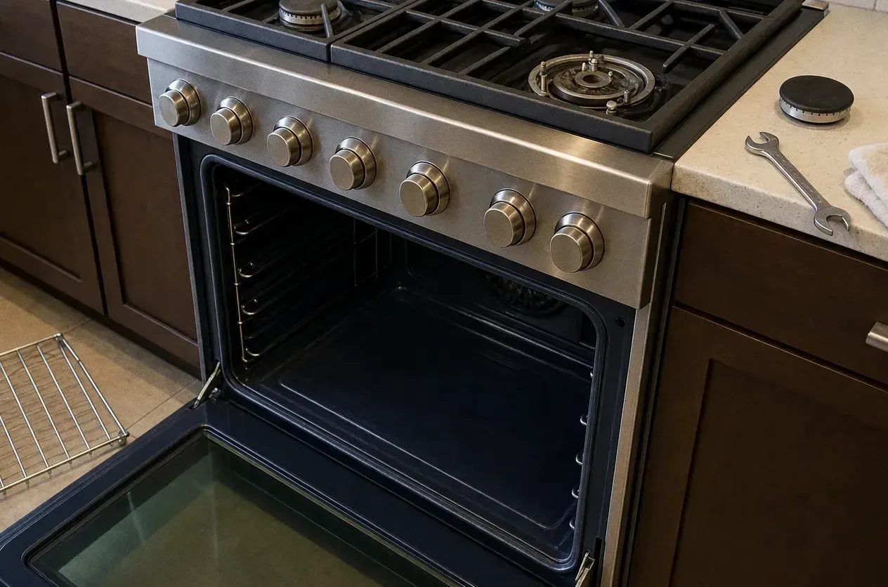 A gas range in dark cabinetry with the oven door open and one round burner cap sitting on the cooktop grates