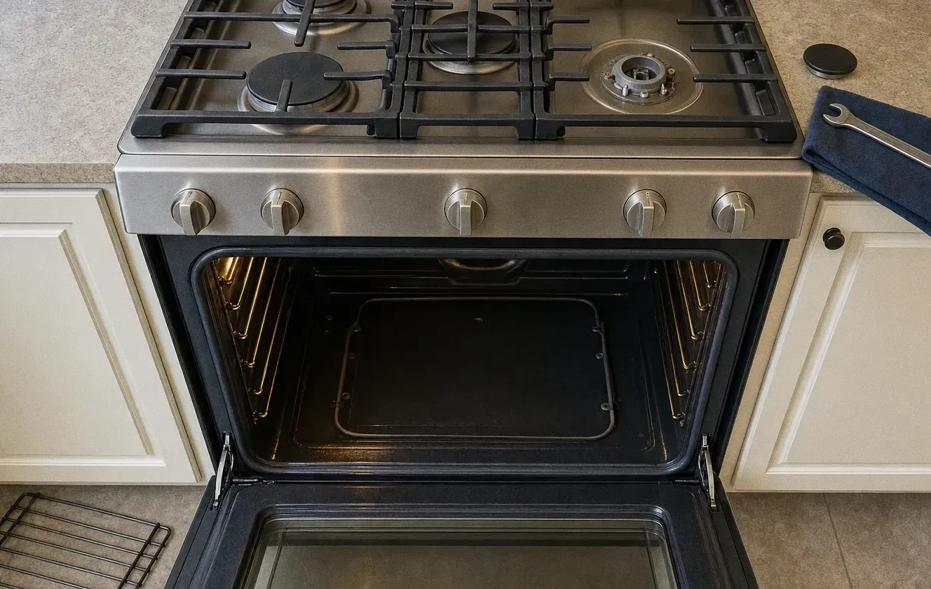 The lit interior of an open oven cavity with the glass inner door panel in frame below it