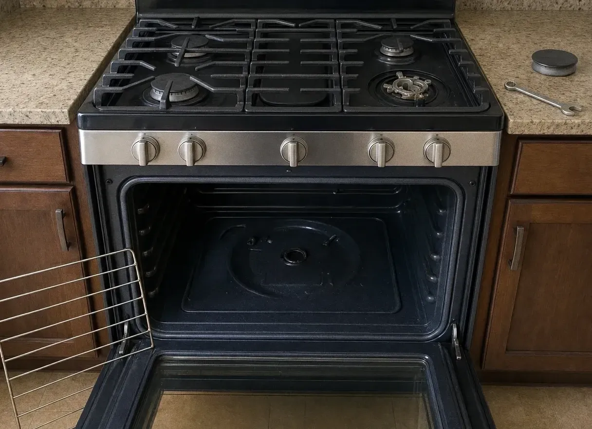 A wide black gas cooktop with five burners and a flat griddle plate, the oven door lowered underneath