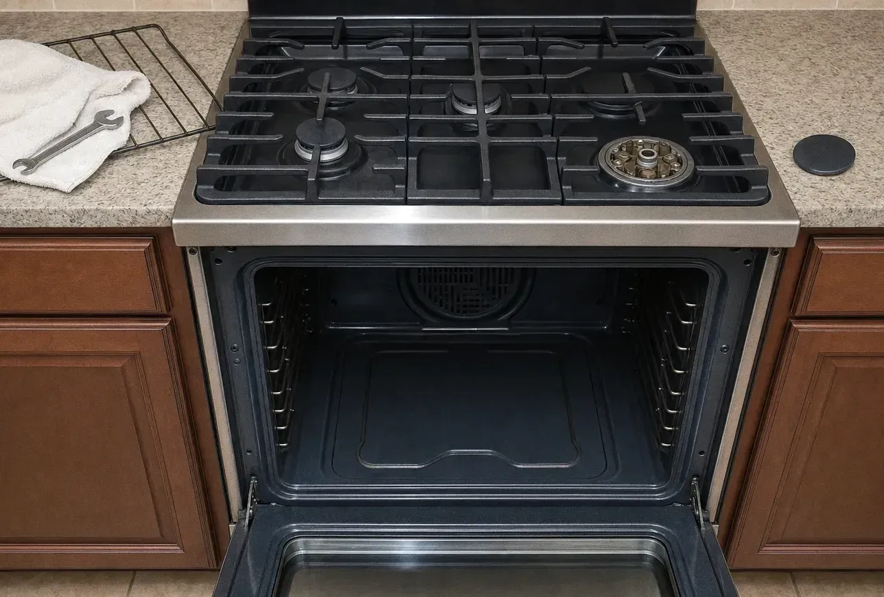 A gas range in a dark wood kitchen with the oven door open on an empty cavity and the convection cover behind