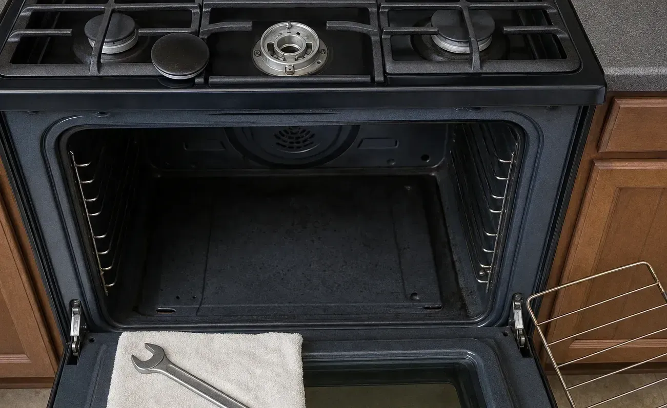 A cooktop burner taken apart with its cap set aside and the base exposed, a wrench on a white towel on the open oven door