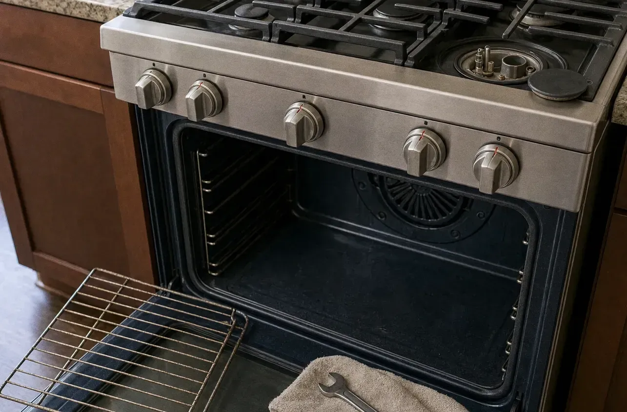 A gas range with the oven door open, one rack lifted out and propped alongside, and a wrench on a folded towel