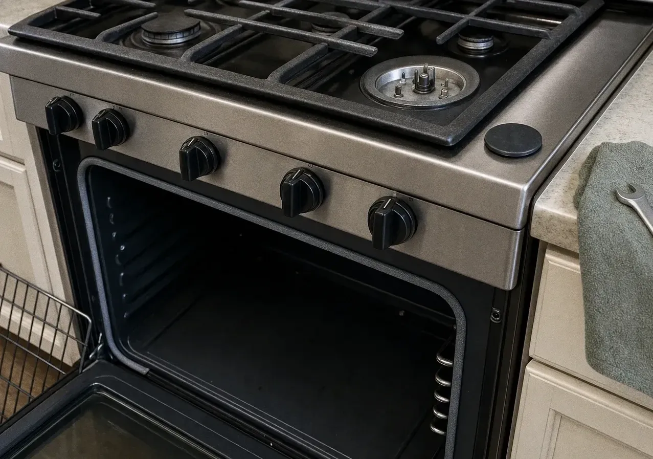 A sealed cooktop burner opened to expose its igniter electrode, the oven standing open below it