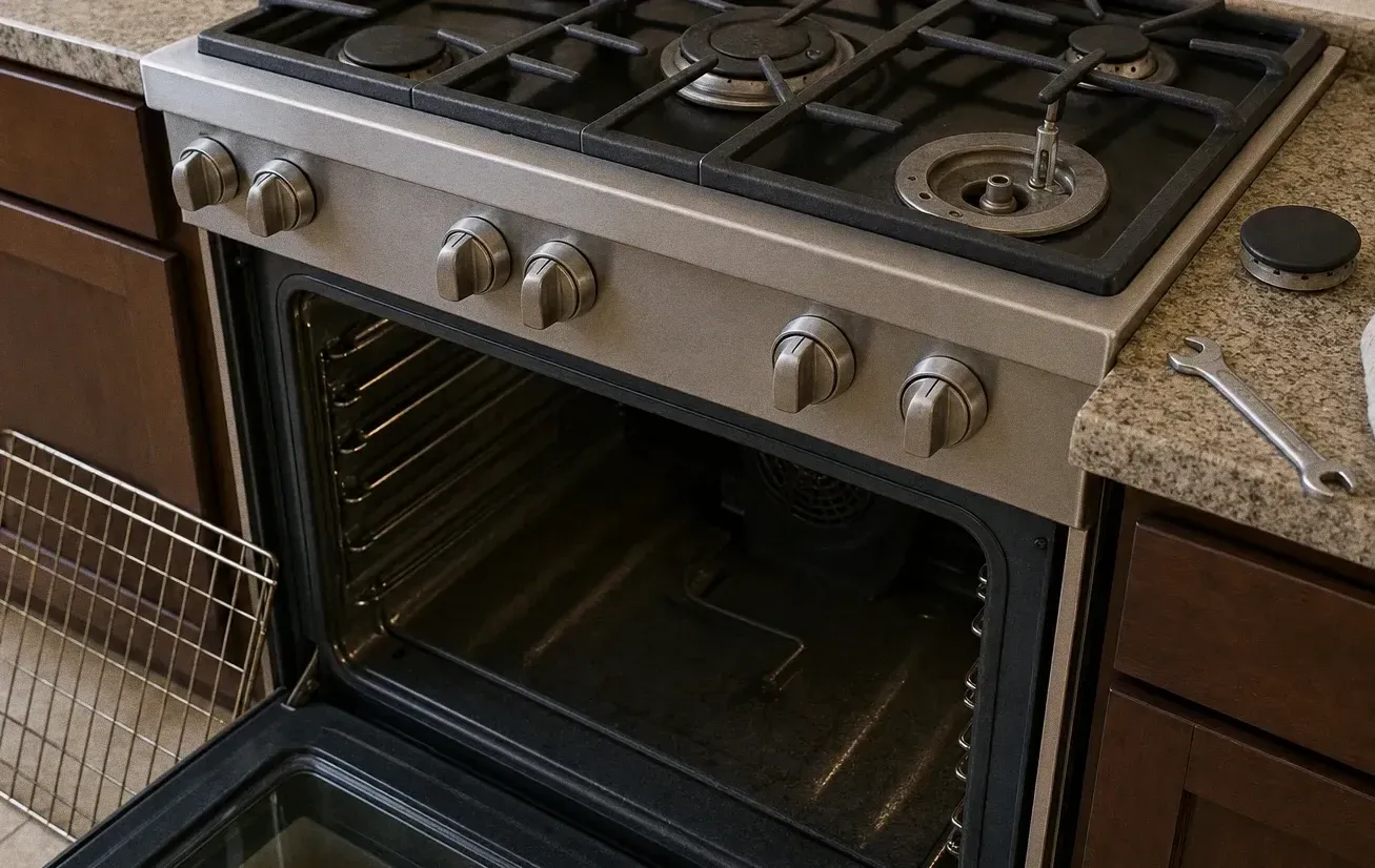 A disassembled cooktop burner with its parts laid on the rangetop beside the control knobs, oven open below